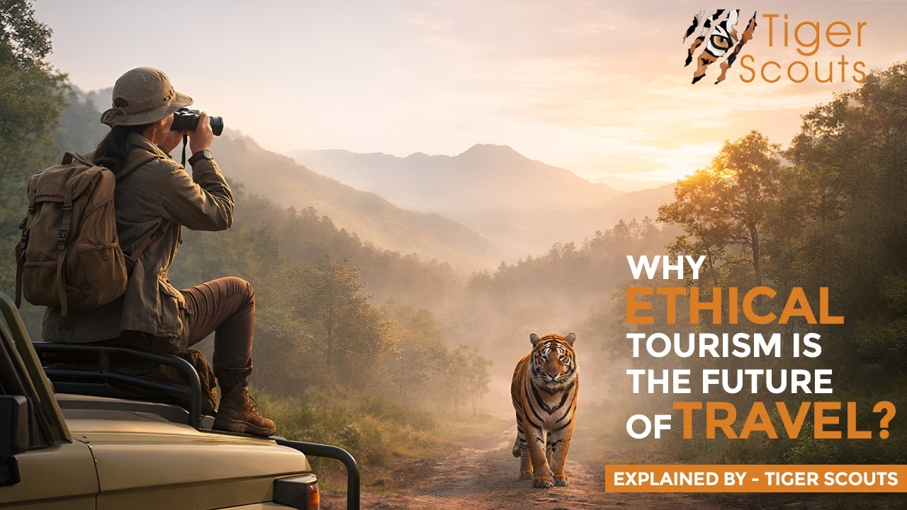 Wildlife photographer observing a tiger in a forest during an ethical wildlife tourism safari by Tiger Scouts.