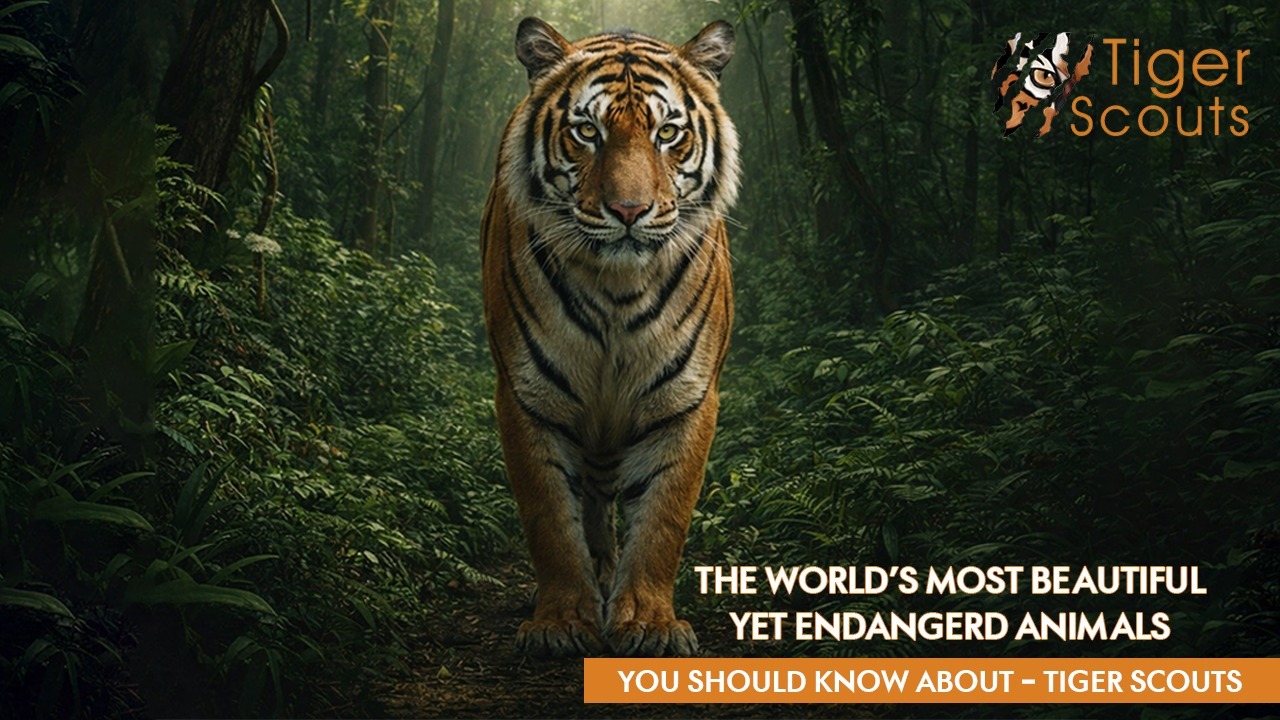 Bengal tiger walking through dense green forest representing the world’s most beautiful yet endangered animals by Tiger Scouts
