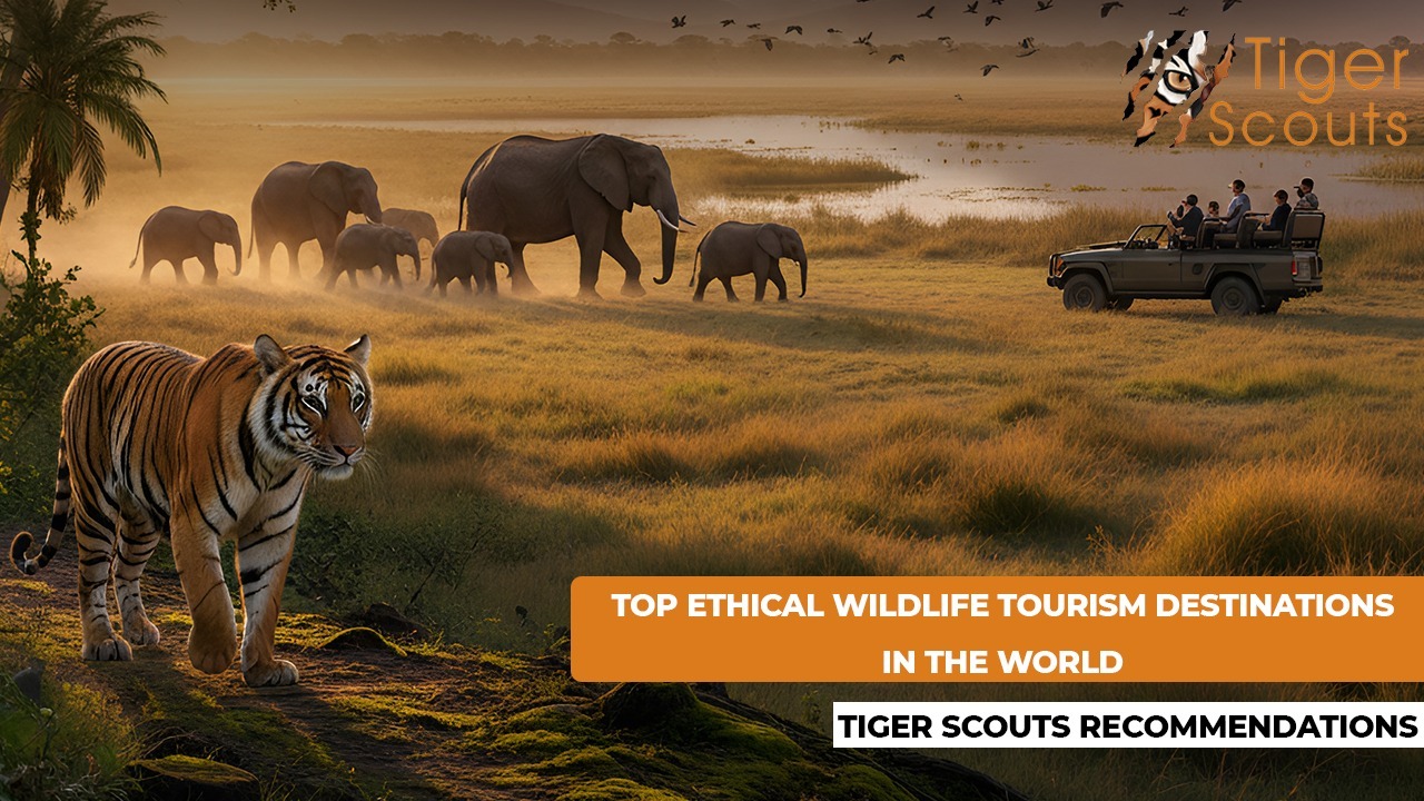 Tiger and elephant herd during an ethical wildlife safari with tourists observing from a jeep.